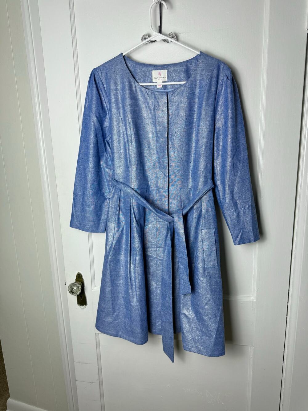 Julie Brown Blue Metallic Lurex Linen Jacket Dress Belted Coat Dress Glam Large